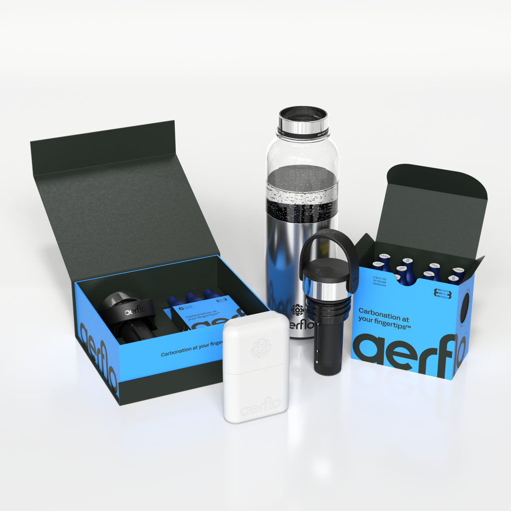 The Aer1 System includes a bottle, a top that accommodates a cartridge, a carrying case for three cartridges, and a refill box of cartridges