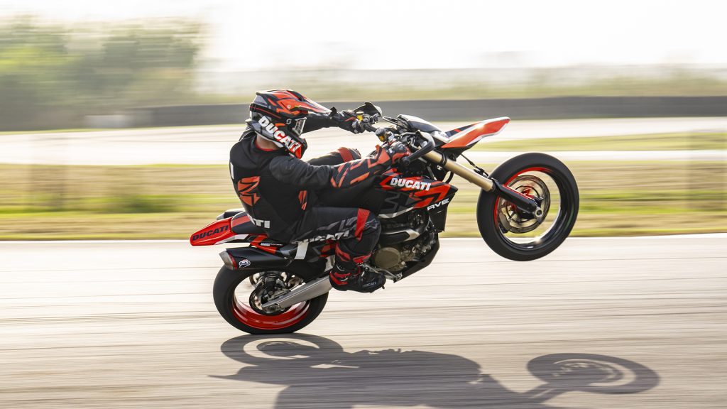 The Ducati Hypermotard Mono being driven on a racetrack